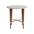 Mesa auxiliar redonda con tapa de piedra y patas de madera oscura.