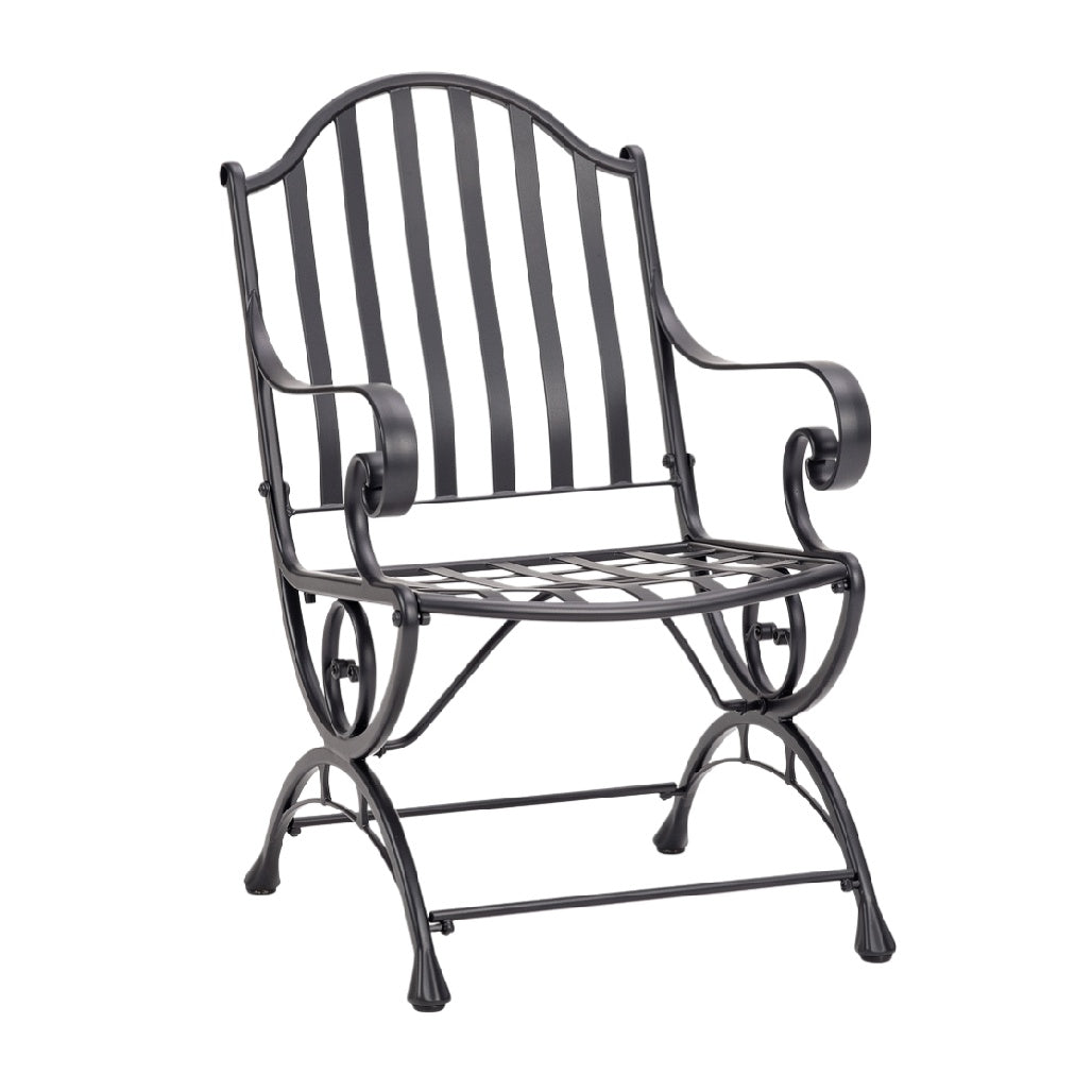 Título técnico en español: 

Silla de hierro forjado con diseño de tiras, resistente y elegante