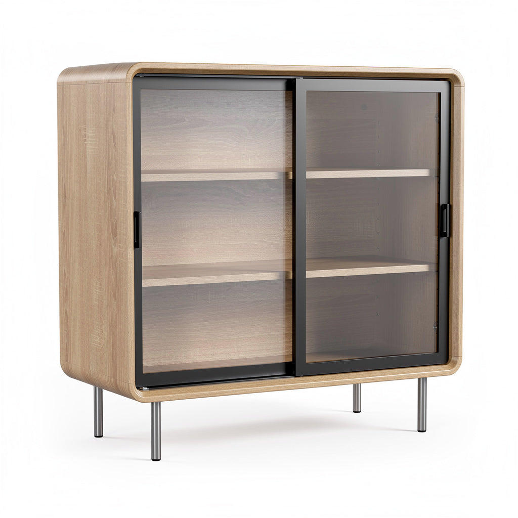 Título: Vitrina Moderna de Madera con Puertas de Vidrio y Estantes Ajustables
