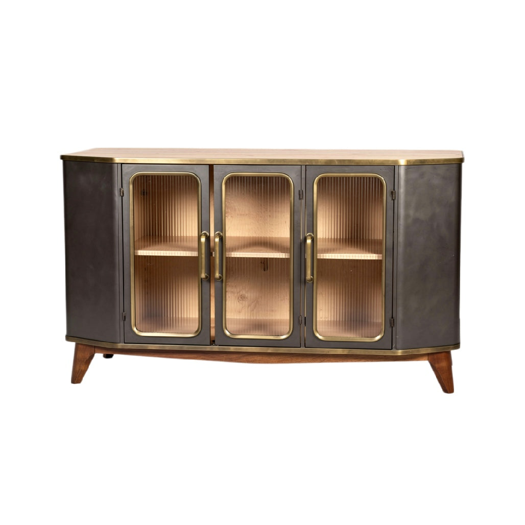 Título técnico en español: **Mueble Bajo Vintage con Puertas de Vidrio y Acabado Metálico**