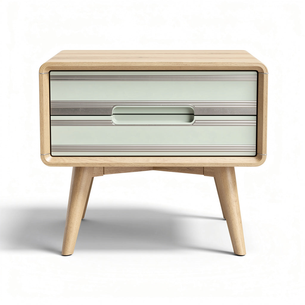 Mesa de Noche Moderna con Cajones en Verde y Acabado de Madera Natural