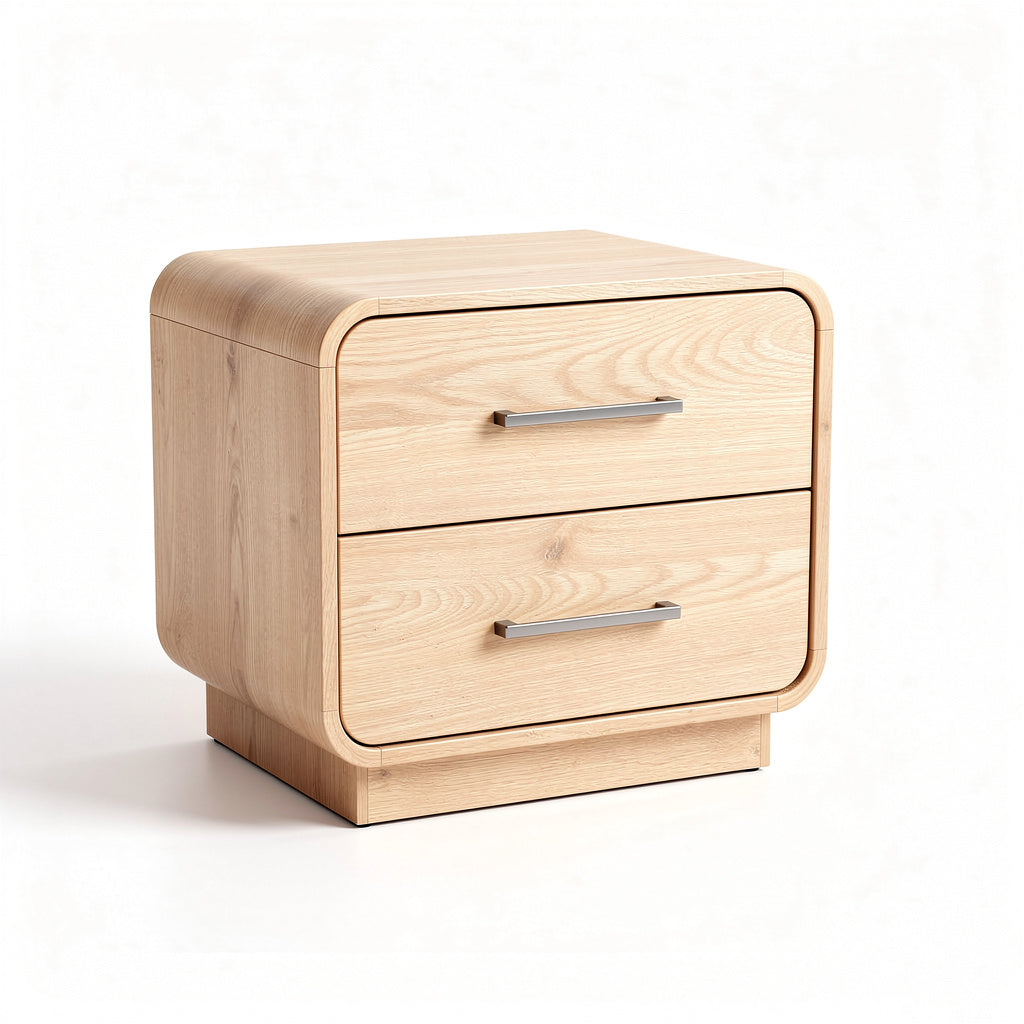 Título técnico: Mesita de Noche de Madera Natural con Dos Cajones y Acabado Moderno