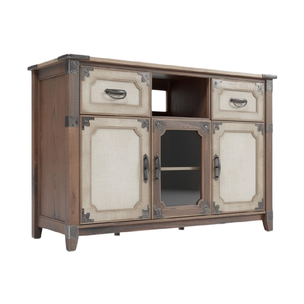 Título técnico: Mueble de TV Rústico de Madera con Puertas y Compartimentos Abiertos