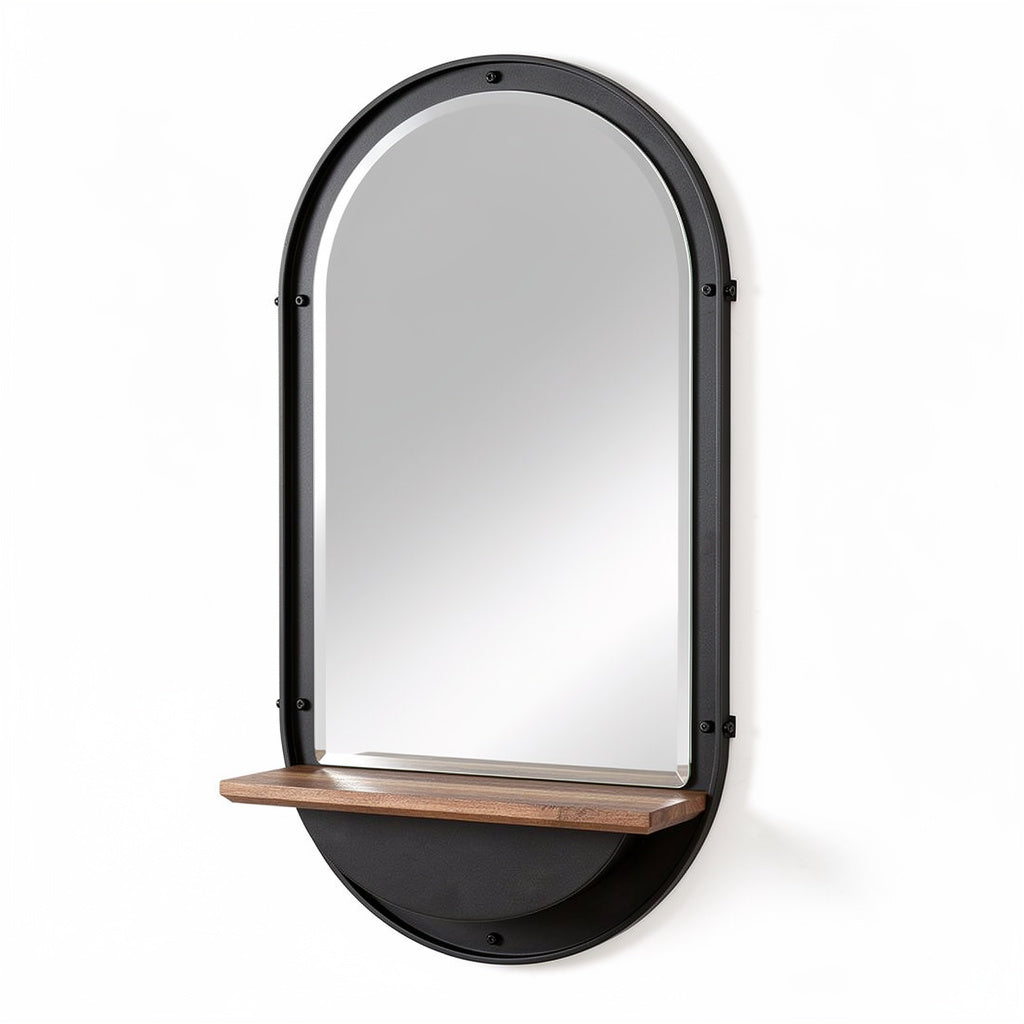 Espejo moderno con estante de madera y marco negro, diseño ovalado.