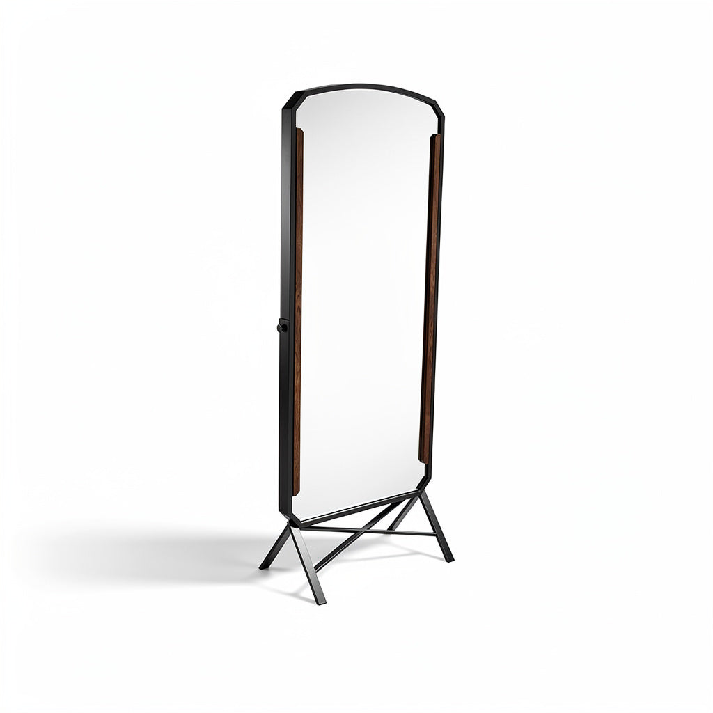 Espejo de cuerpo entero con soporte de metal y diseño moderno.